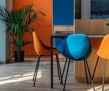 Cadeira de jantar azul vibrante e uma cadeira laranja em uma área de refeição moderna com armários laranja e um grande vaso de planta verde.