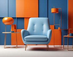 Poltrona de encosto alto azul-bebê com botões em ambiente de parede com painéis quadriculados em azul escuro e laranja vibrante.