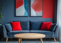 Sofá azul em ambiente moderno com almofadas vermelhas e mesa de centro em madeira.