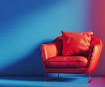 Sofá vermelho com almofadas azuis em ambiente moderno e iluminado.