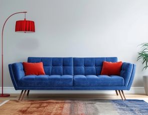 Sofá azul de design retrô com pés palito, almofadas vermelhas e luminária de piso vermelha.