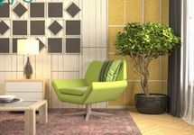 Poltrona verde em sala decorada com plantas e painel geométrico.